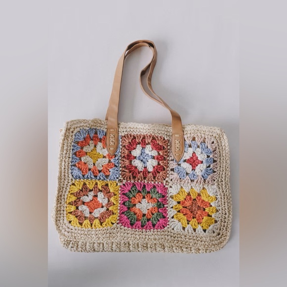 NWT POL Clothing Boho Bohemian Crochet Tile Knit Woven Tote Handbag Bag Purse - Picture 3 of 6